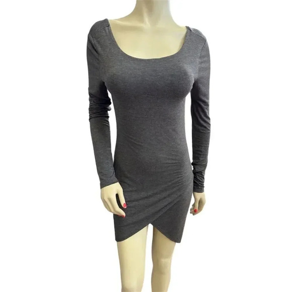 Blue blush Gray Long Sleeve Asymmetrical Hem Bodycon Midi Dress Size M - Picture 12 of 14